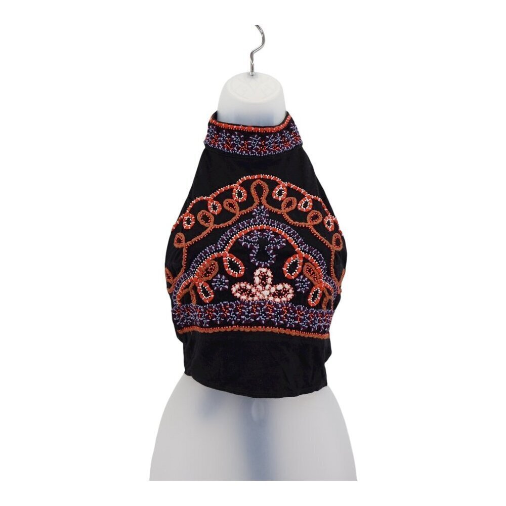 Free People Goa Embroidered Crop Top Black Size XS Tie Back Boho Halter Beaded